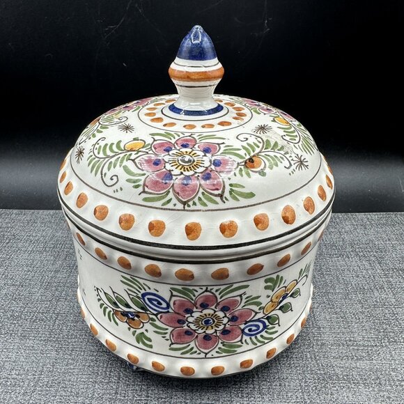 Vintage Delft Holland Polychrome Lidded Jar Hand Painted Floral Pottery Signed - Picture 1 of 9